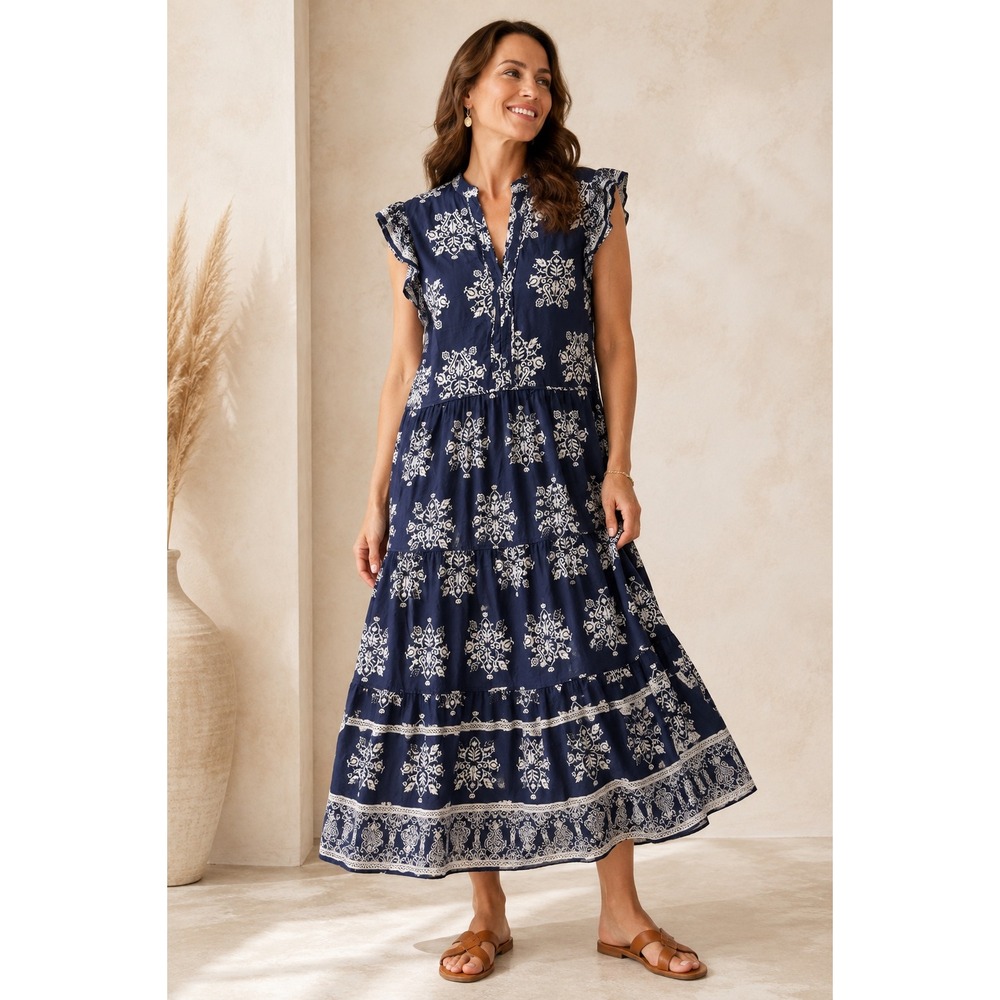 CeCe Maxi Dress XL Navy White Medallion Print Cotton Tiered Flutter Sleeve 50"
